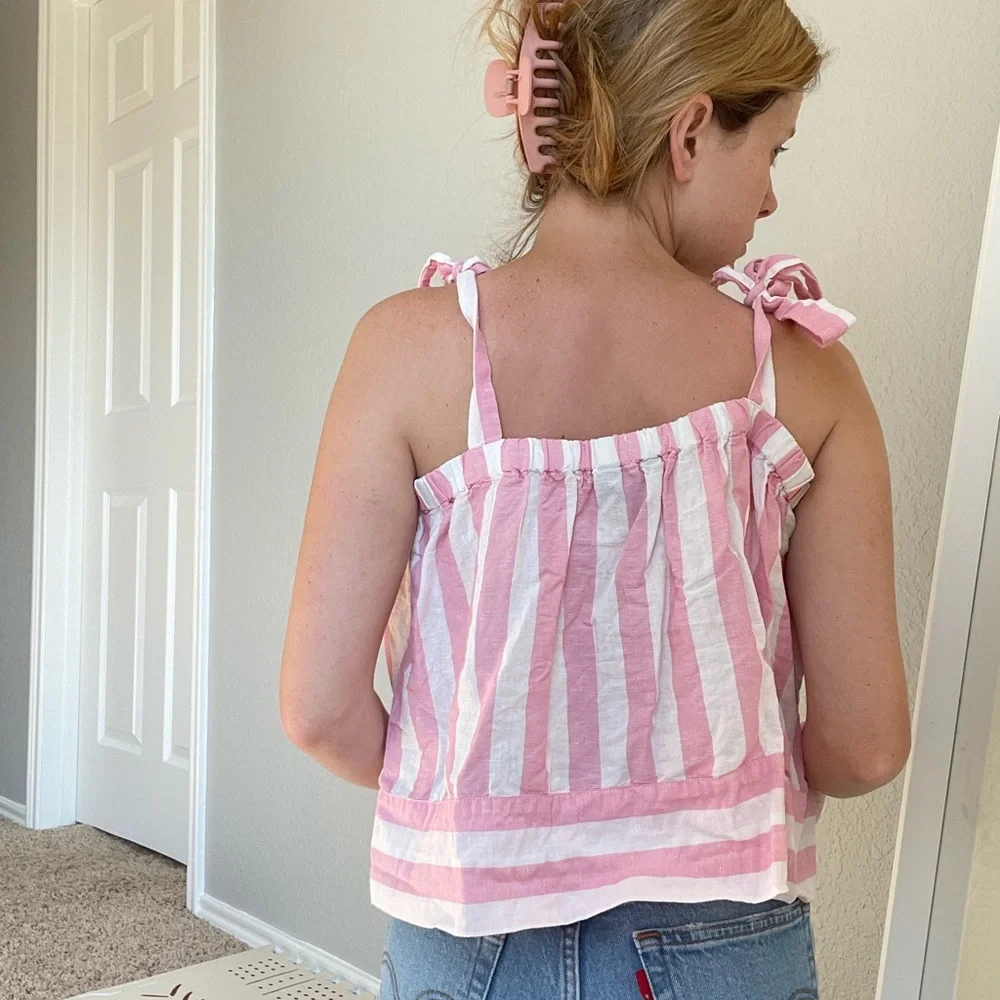 J.Crew Pink Striped Linen Tie Strap Tank Top